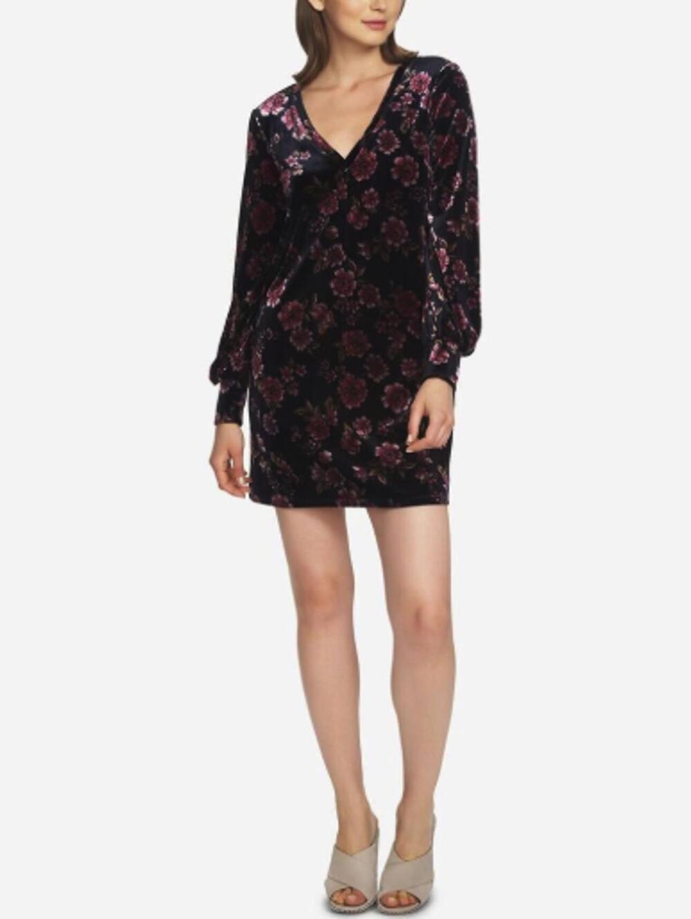 1.STATE Black and Pink Velvet Blouson Long Sleeve Mini Dress - Size - Small